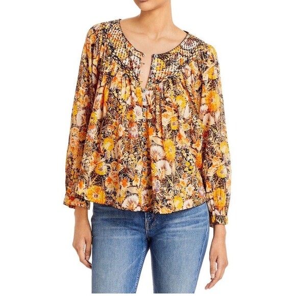Free People We The Free Small COOL MEADOW Printed Floral Top Orange Earthy Boho - Picture 2 of 9